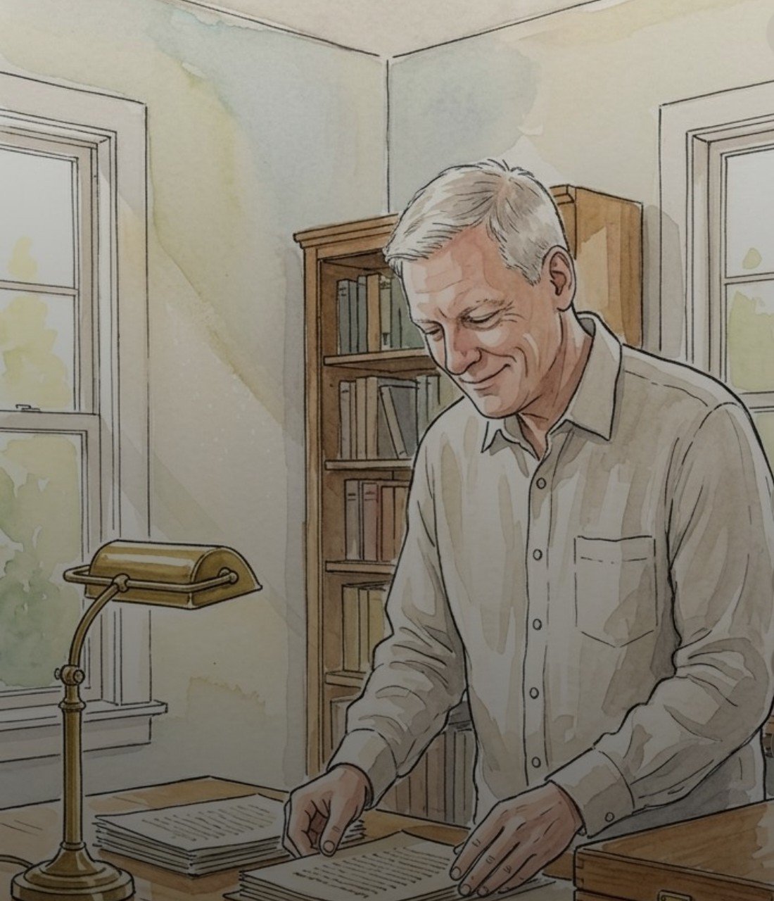 Watercolor portrait of Rev. Patrick Henry Nichols I at the desk