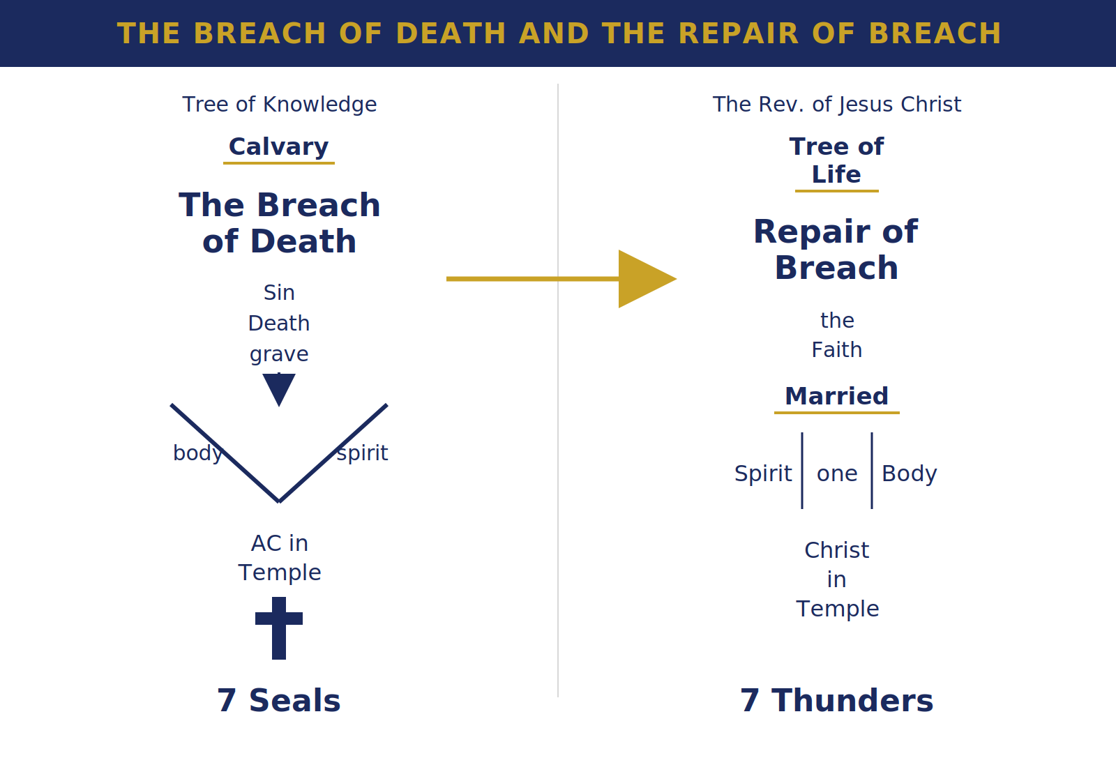 Teaching chart contrasting the breach of death with the repair of breach, 7 seals and 7 thunders